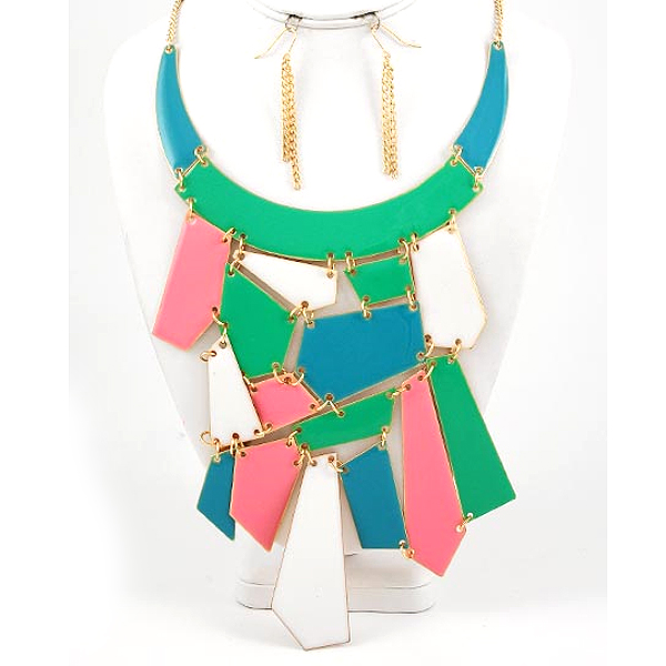 COLORFUL ACHITECTURAL METAL EPOXY DISK LINK NECKLACE EARRING SET
