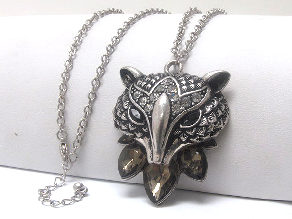 CRYSTAL METAL DECO HEAD RACCON FASHION STYLE LONG CHAIN NECKLACE  