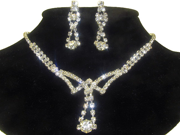 Rhinestone drop v line  dangle party necklace earring set