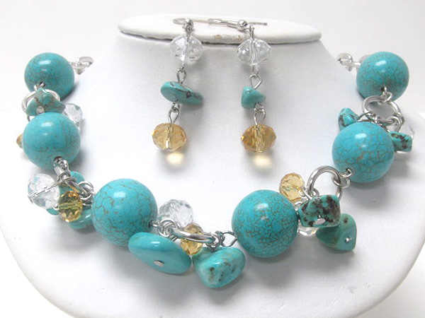 MULTI TURQUOISE CHIP STONE AND MULTI NATURAL STONE BALLS WITH CRYSTAL GLASS FASHION CHAIN NECKLACE EARRING SET