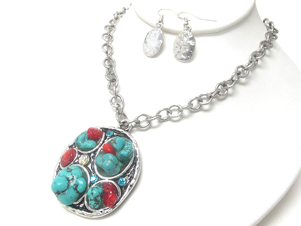 Natural stone and beads art deco metal oval pendant chip stone necklace earring set