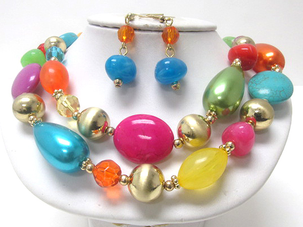 Natural oval stone with crystal glass and murano glass drop necklace earring set