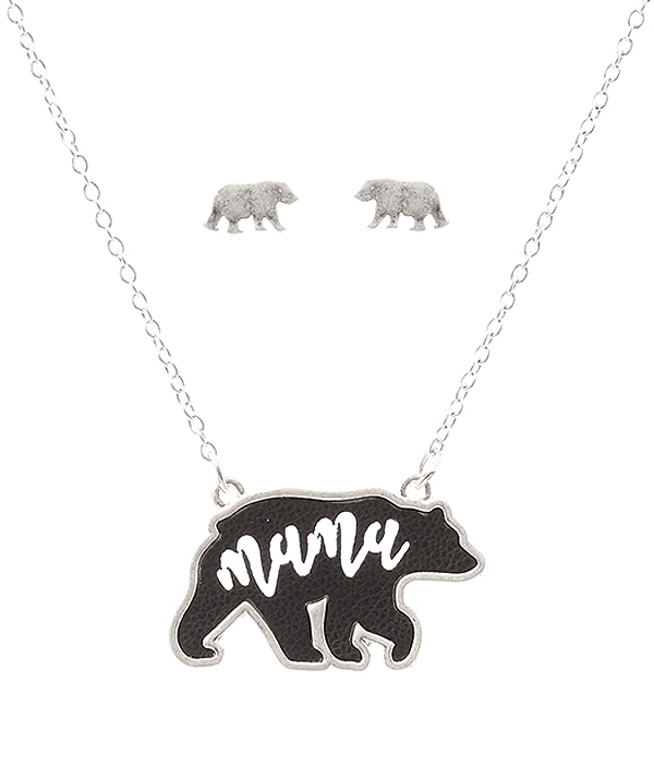 LEATHER AND METAL FRAME MAMA BEAR NECKLACE SET