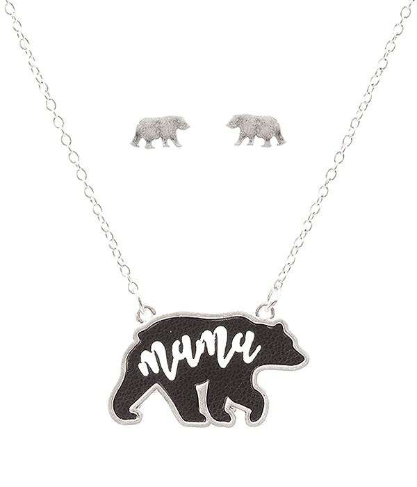 Leather and metal frame mama bear necklace set