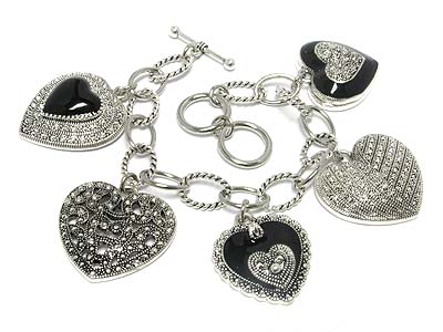 Marcasite look multi heart charm dangle toggle bracelet