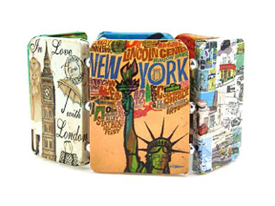 Paper art work wood stretch bracelet - travel theme