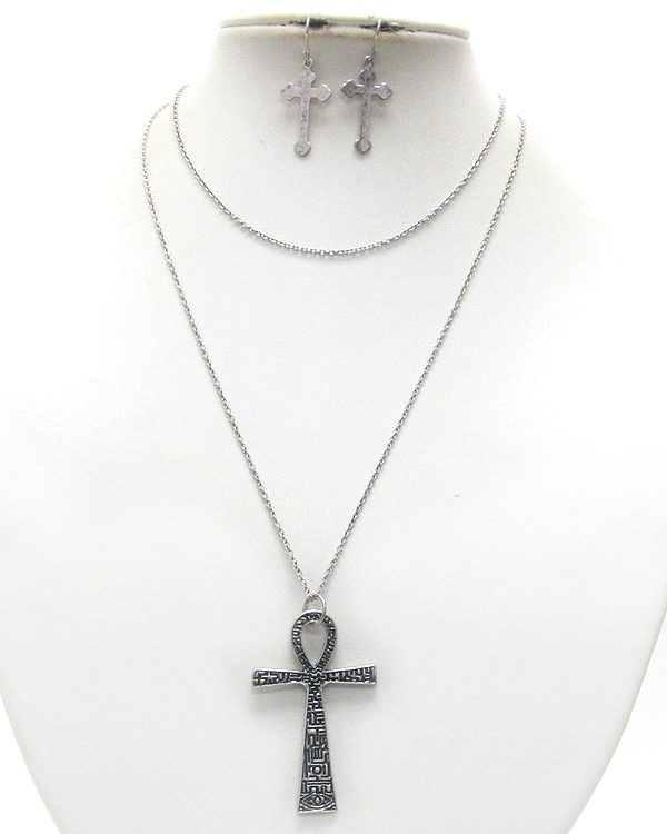Egyptian cross pendant long necklace earring set