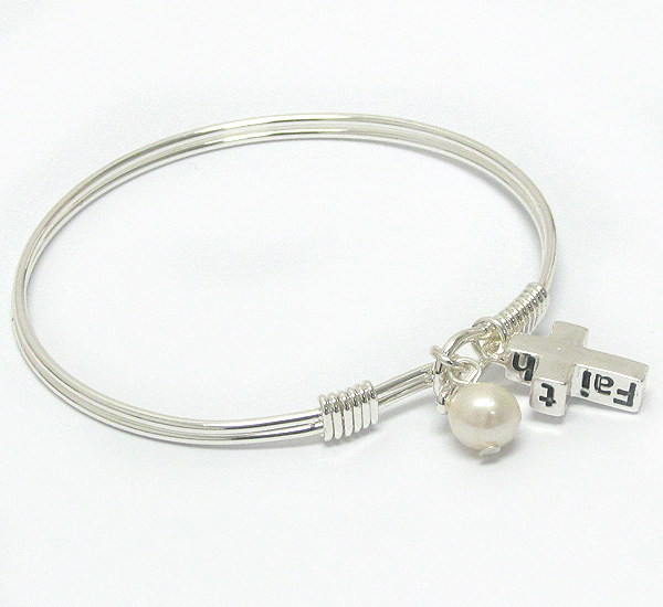 Cross and pearl charm wire bangle bracelet