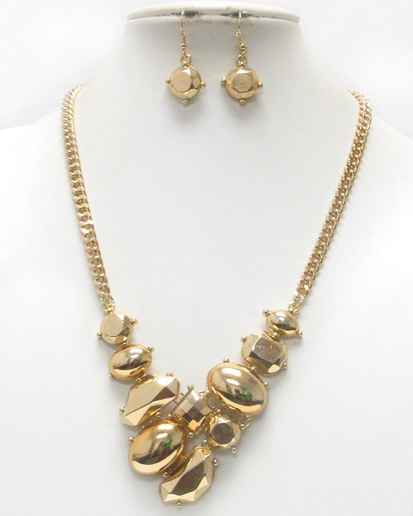 MULTI METALLIC STONE DECO CHAIN NECKLACE EARRING SET