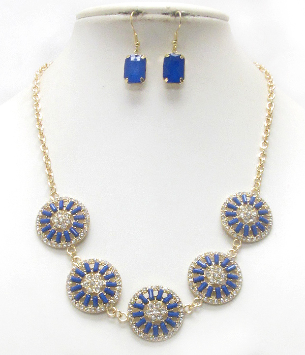 Crystal and acrylic stone deco flower disk link necklace earring set