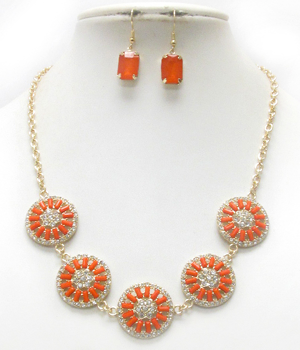 Crystal and acrylic stone deco flower disk link necklace earring set