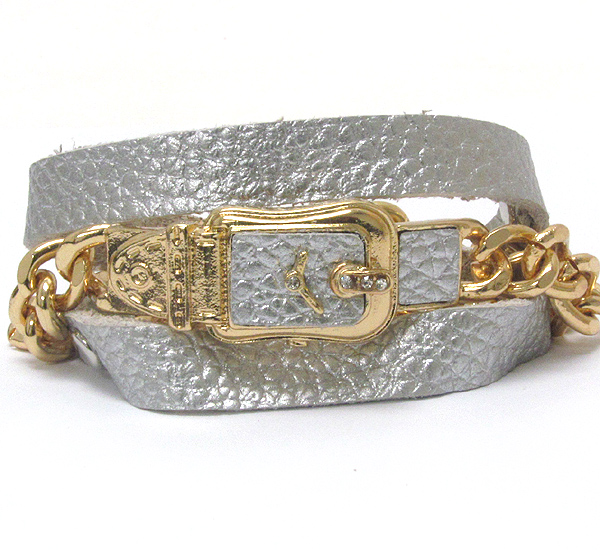 Crystal deco buckle watch inspired chain and leatherette band wrap bracelet