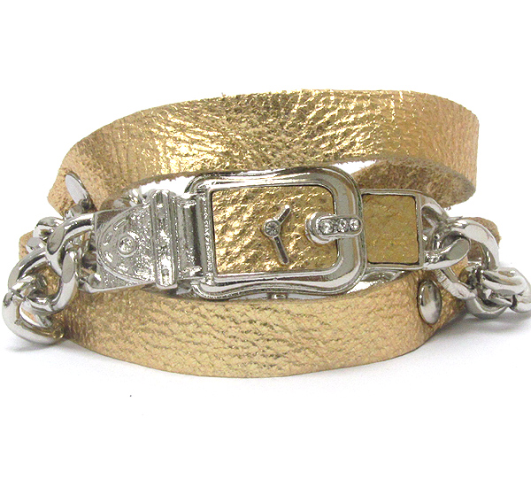 CRYSTAL DECO BUCKLE WATCH INSPIRED CHAIN AND LEATHERETTE BAND WRAP BRACELET