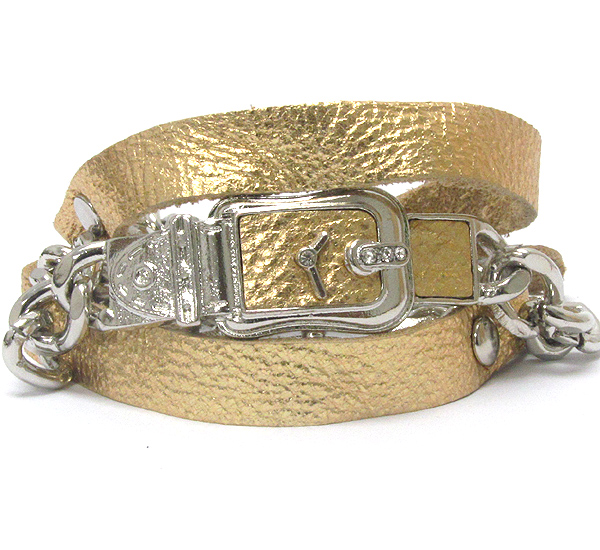 Crystal deco buckle watch inspired chain and leatherette band wrap bracelet