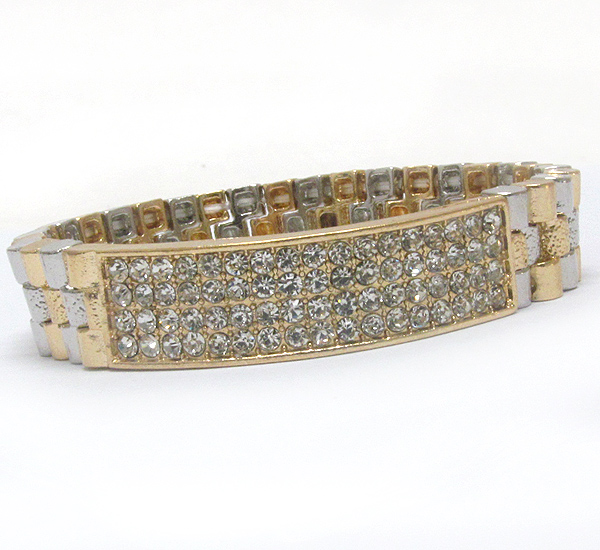 Crystal pave curved plate and watch band inspired stretch bracelet