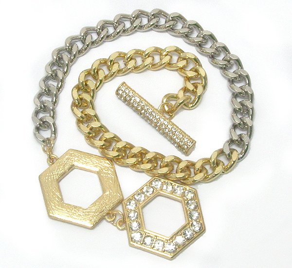 Crystal deco double hexagon and chain toggle bracelet
