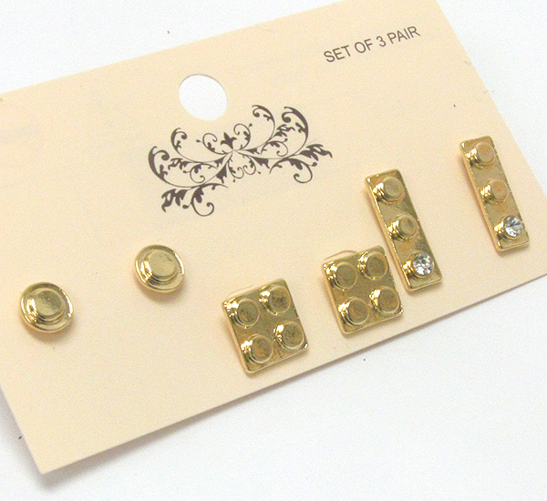 Multi lego piece stud earring set of 3
