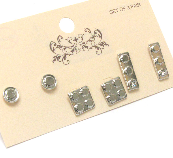 Multi lego piece stud earring set of 3