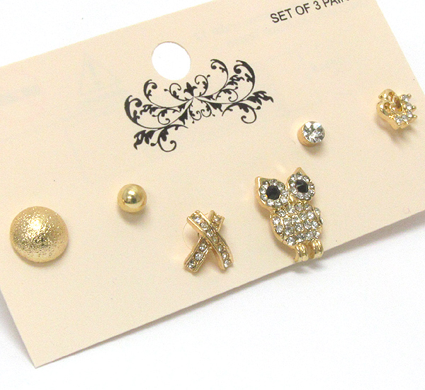 Crystal owl and multi mix earring set of 3