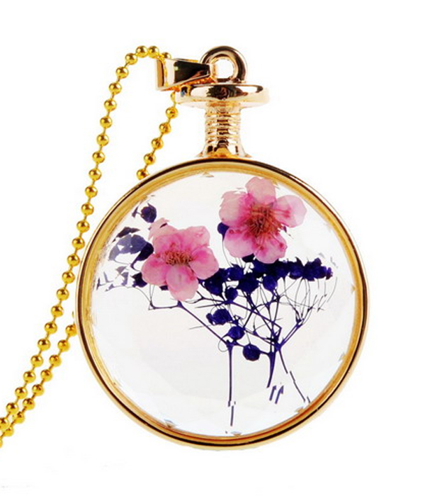 Vintage hand pick floating dry flower glass pendant necklace