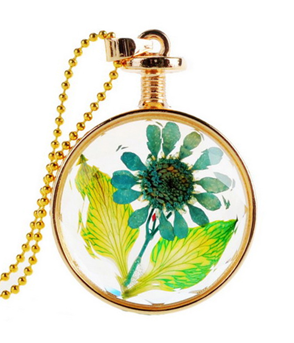 Vintage hand pick floating dry flower glass pendant necklace