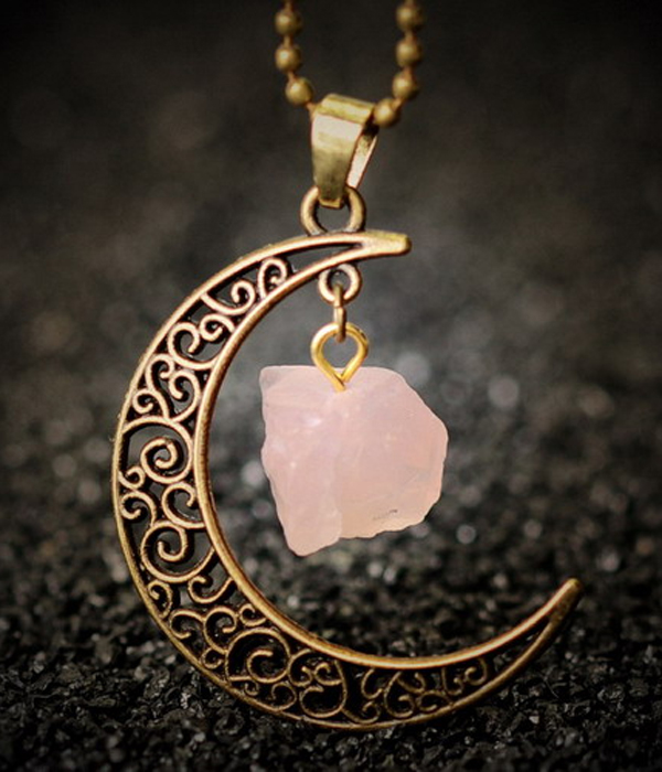 Handmade semi precious stone and metal filigree moon necklace - rose quartz