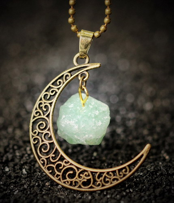 Handmade semi precious stone and metal filigree moon necklace - green aventurine