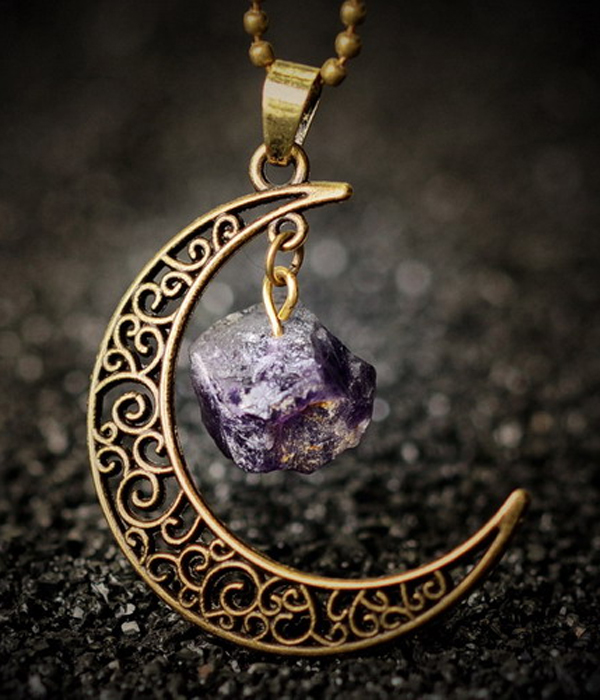 Handmade semi precious stone and metal filigree moon necklace - amethyst