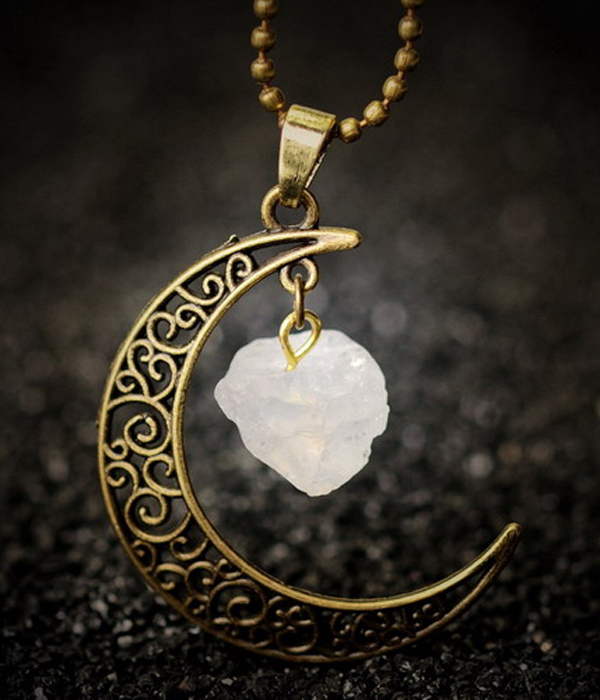 Handmade semi precious stone and metal filigree moon necklace - rock crystal