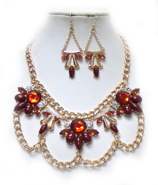 3 flower chain drop necklace set