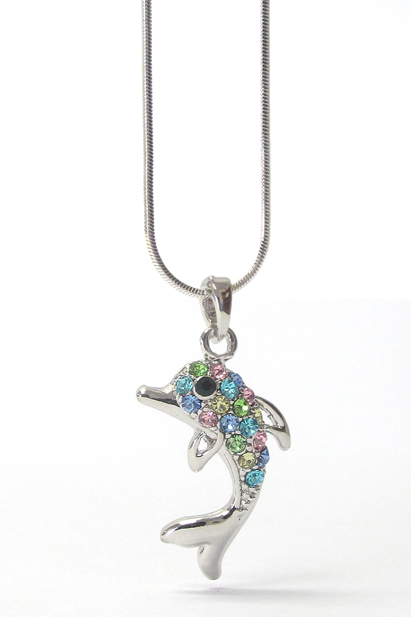 WHITEGOLD PLATING CRYSTAL STUD DOLPHIN PENDANT NECKLACE