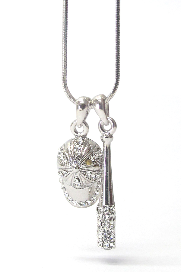 WHITEGOLD PLATING CRYSTAL STUD BASEBALL BET AND CAP DUAL PENDANT NECKLACE