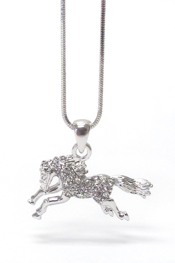 MADE IN KOREA WHITEGOLD PLATING CRYSTAL STUD HORSE PENDANT NECKLACE