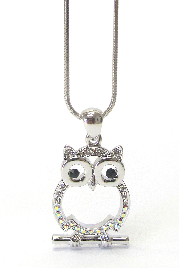 WHITEGOLD PLATING CRYSTAL OWL PENDANT NECKLACE