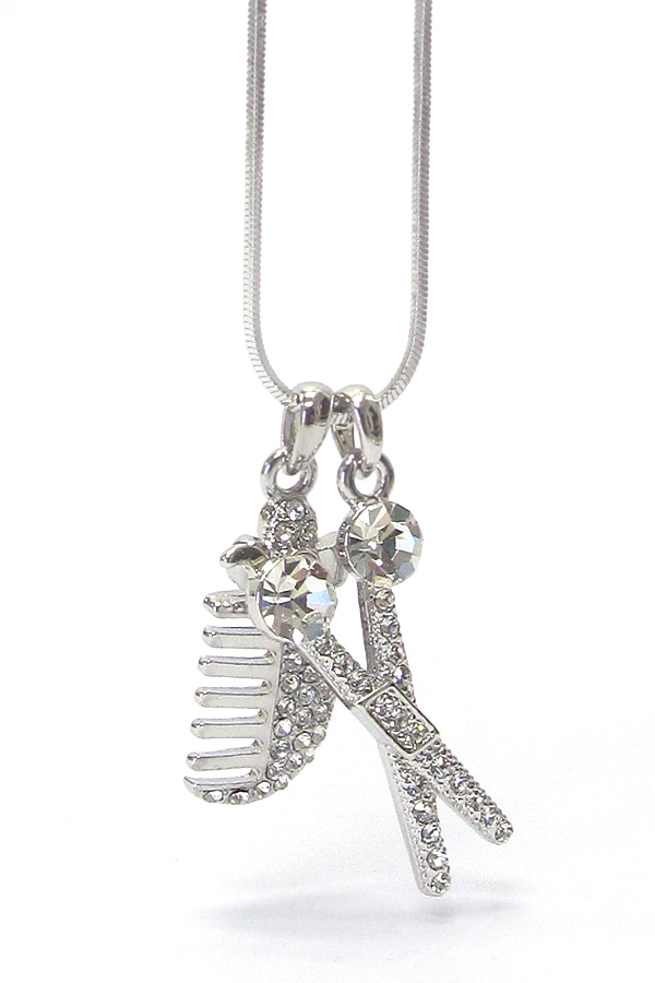 WHITEGOLD PLATING CRYSTAL DECO SCISSORS AND COMB NECKLACE