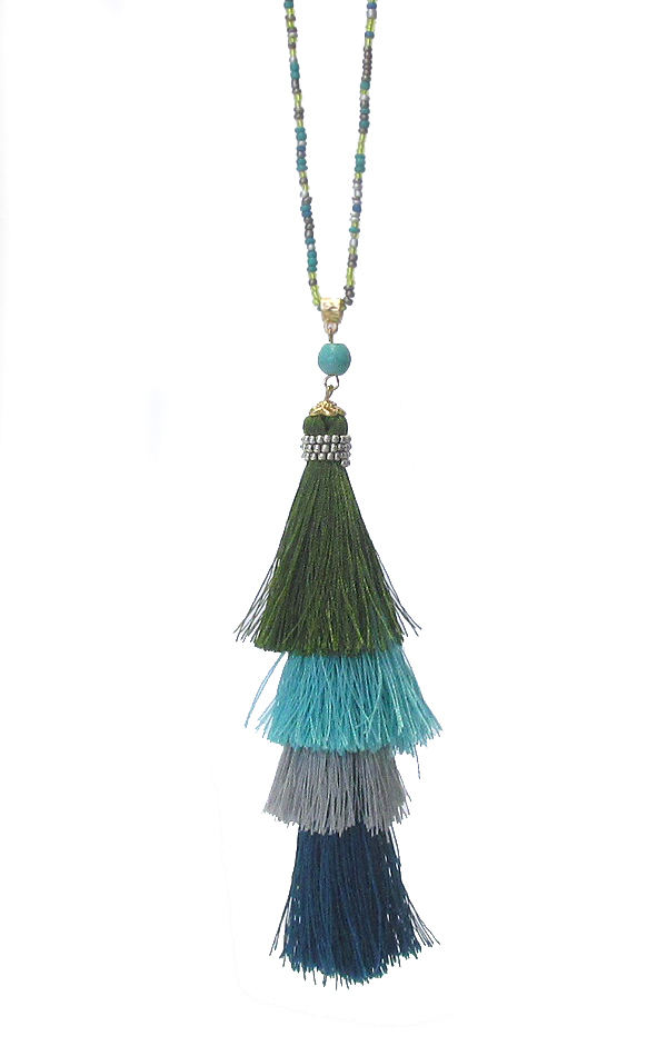 Multi layer thread tassel and seed bead long necklace