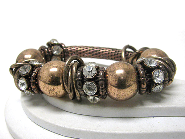 Architectural metal ball and crystal stud ring link bracelet