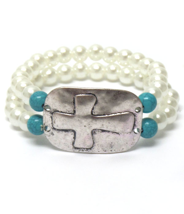 Vintage cross plate and stretch pearl bracelet
