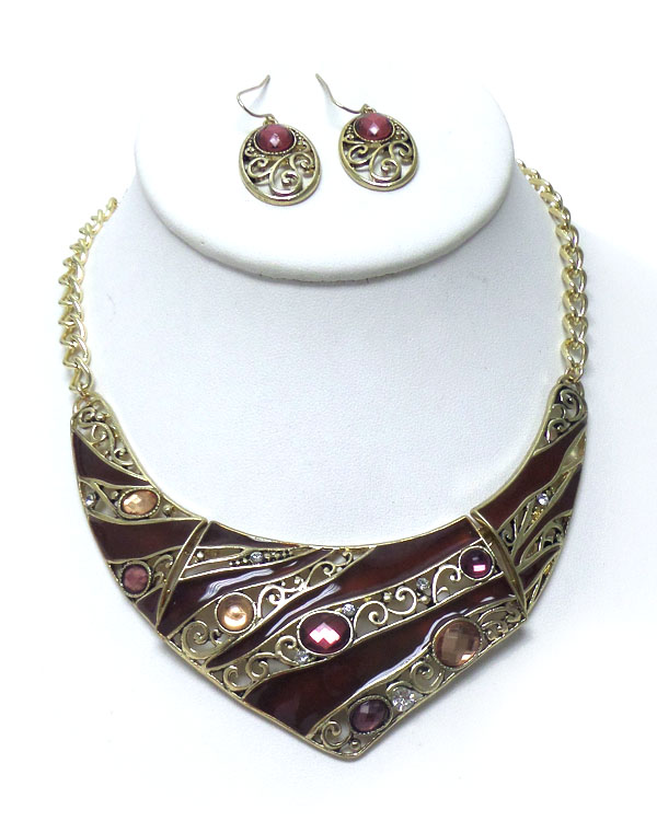 Epoxy and crystal on textured bib necklace set