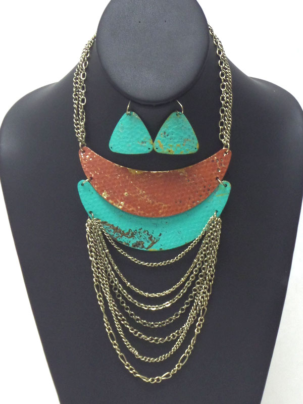 Vintage rustic hammered metal and multi chain drop necklace set