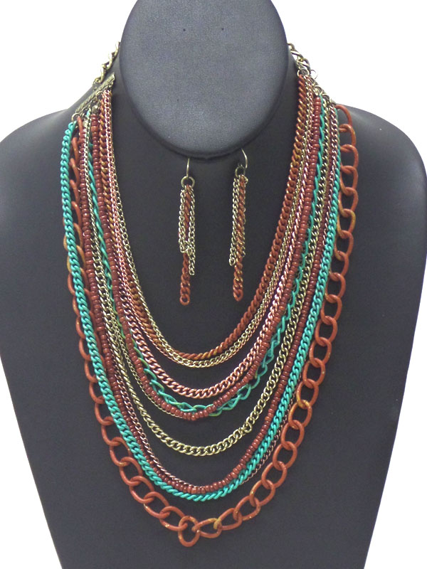 Vintage rustic multi chain drop necklace set