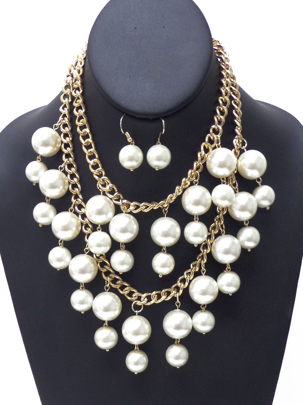 Multi pearl dangle double layer necklace set