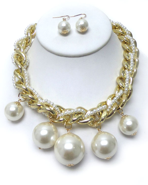 Multi pearl dangle on twist chain necklace set