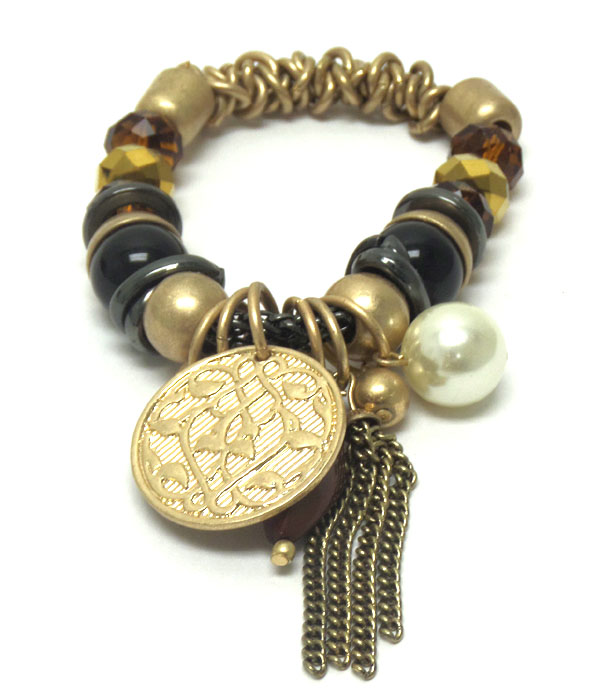 Burnished silver charm and pearls bracelet