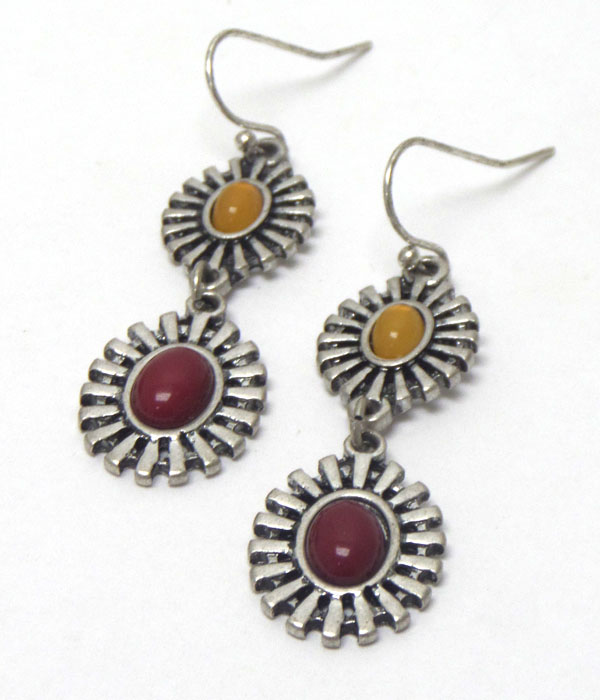 Metal texture with stone hook earrings