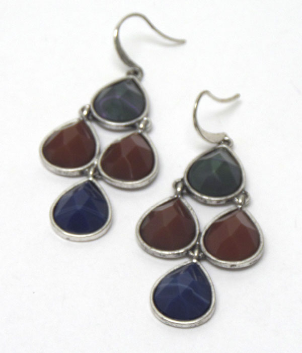 Four teardrops burnish silver hook earrings