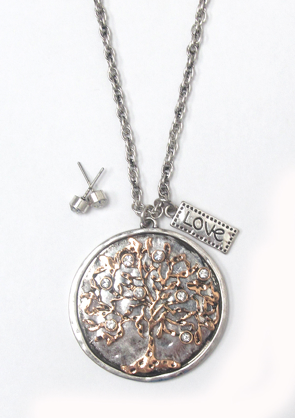 Crystal tree of life pendant long necklace set
