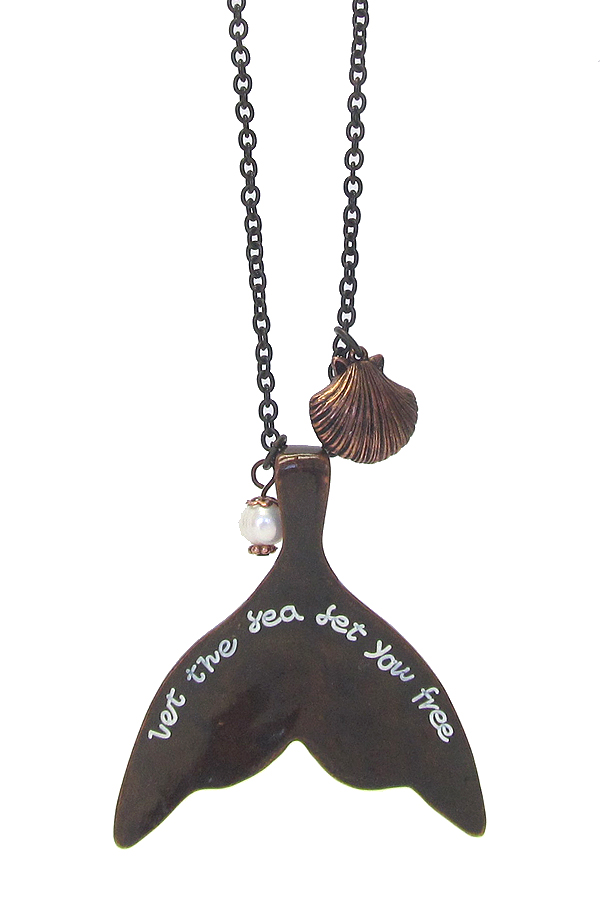 Inspiration message on mermaid tail and shell long necklace - let the sea set you free