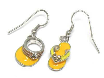 Enamel and crystal flip flop and sun visor unbalanced earring