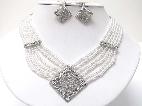 Filigree metal and crystal bar joint multi row beads necklace earring set